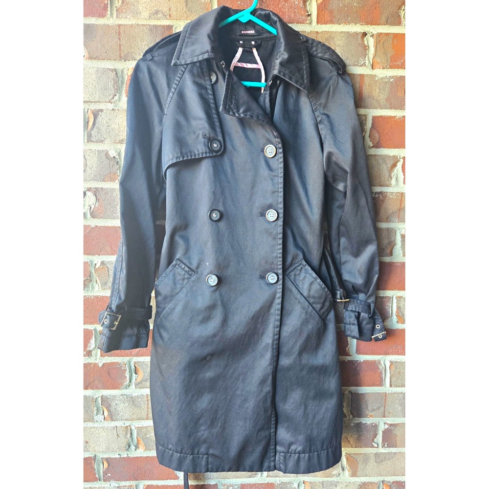 Express Women's 2 Black Trench Coat Mid-Length Belted Button Front Pockets Flaws